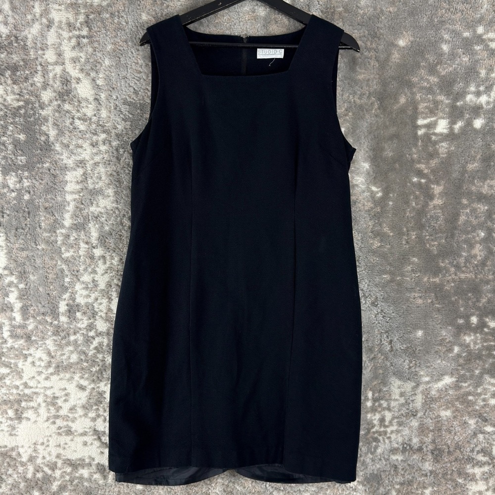 Studio C Size 8 Minimalist Career Square Neck Knee Length Shift Dress Black Zip